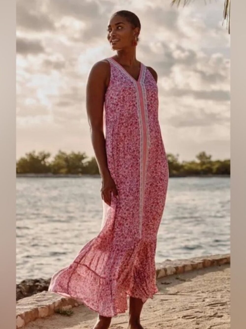 J. JILL Pink Floral Sleeveless Flounced-Hem Maxi Summer Dress Size S